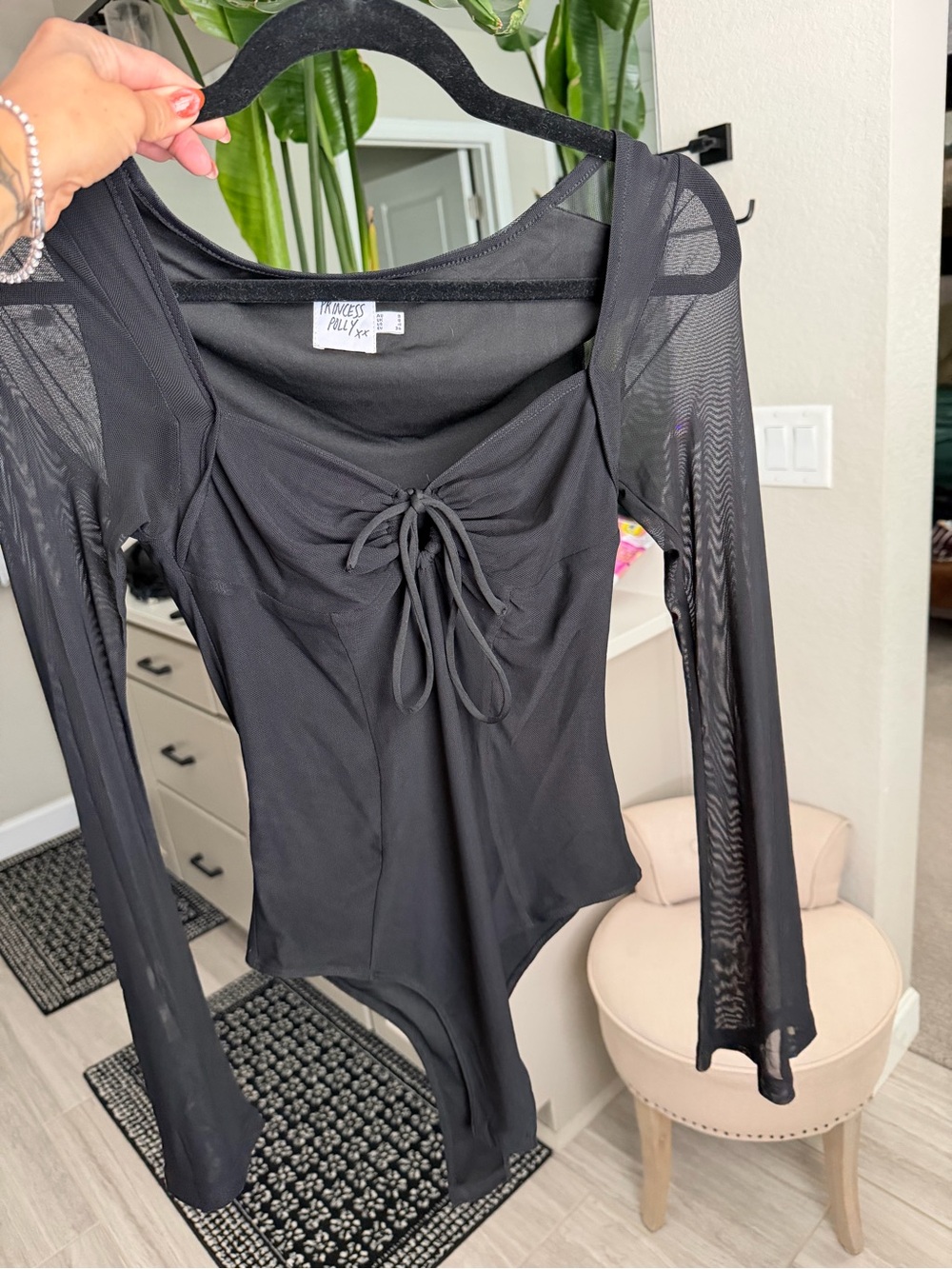 Princess Polly Black Long-Sleeve Mesh Tie-Front Bodysuit